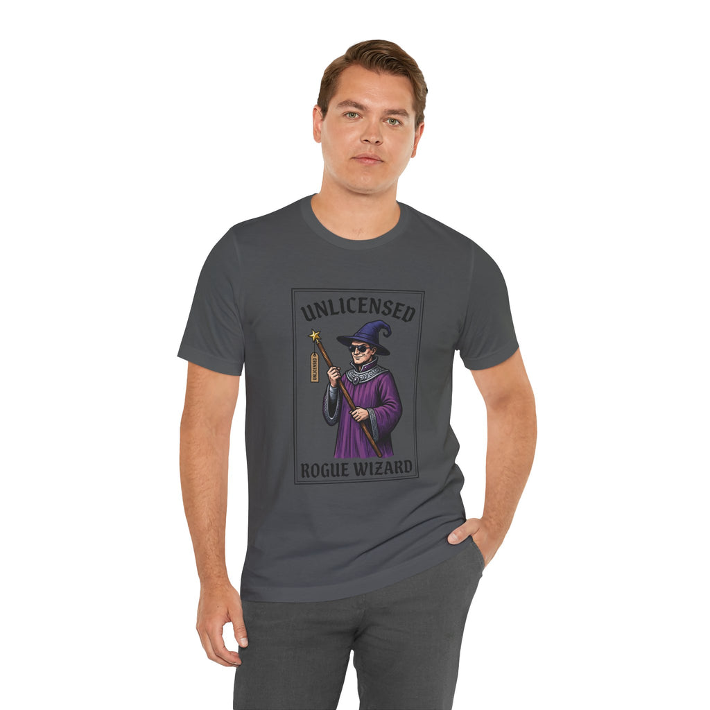 Rogue Wizard T‑Shirt – "Unlicensed Rogue Wizard" Graphic Tee for Fantasy Fans