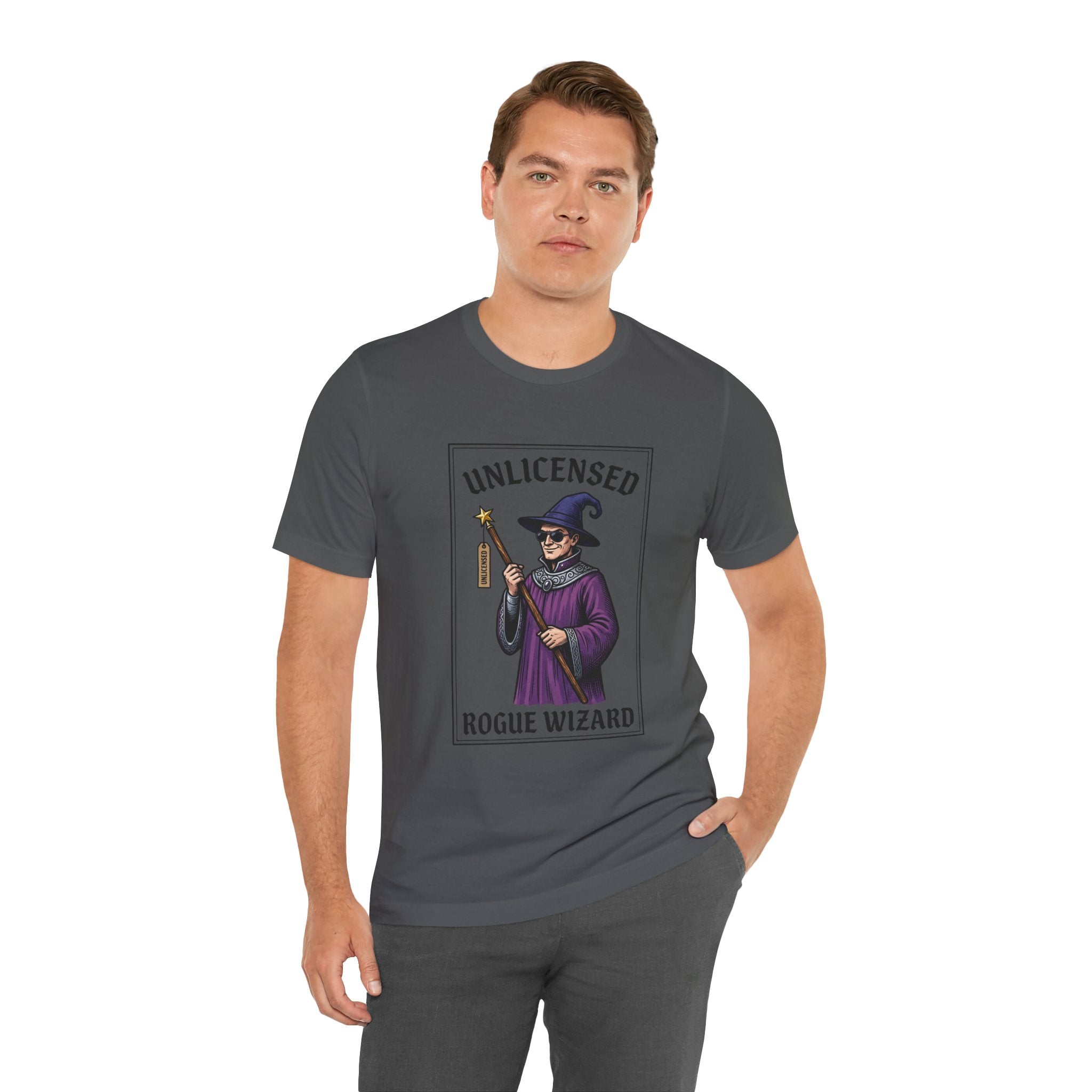 Rogue Wizard T‑Shirt – "Unlicensed Rogue Wizard" Graphic Tee for Fantasy Fans
