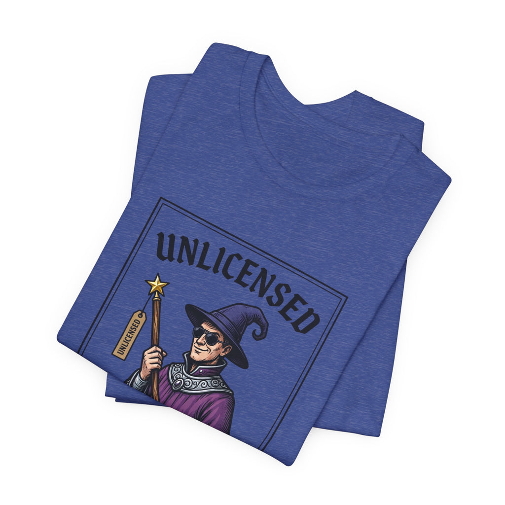 Rogue Wizard T‑Shirt – "Unlicensed Rogue Wizard" Graphic Tee for Fantasy Fans