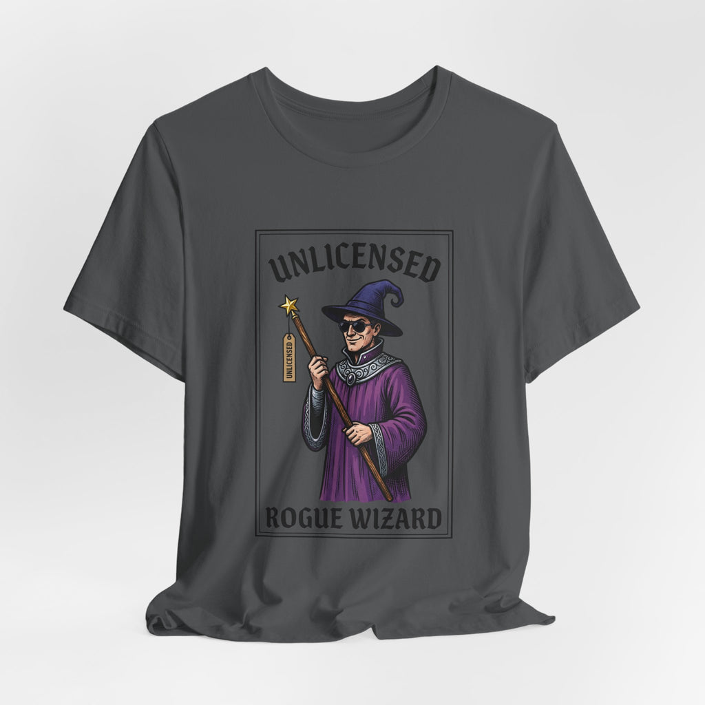 Rogue Wizard T‑Shirt – "Unlicensed Rogue Wizard" Graphic Tee for Fantasy Fans