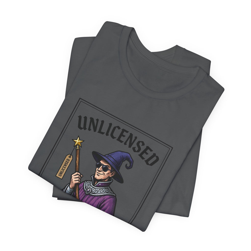 Rogue Wizard T‑Shirt – "Unlicensed Rogue Wizard" Graphic Tee for Fantasy Fans